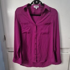 Express The Portofino Shirt Purple Button Front Tab Sleeve Blouse Size Medium